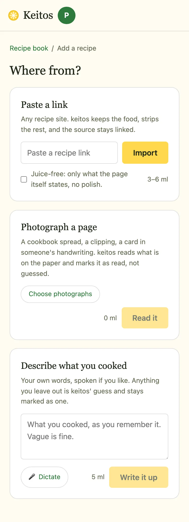 The add-a-recipe screen: paste a link, photograph a page, describe what you cooked
