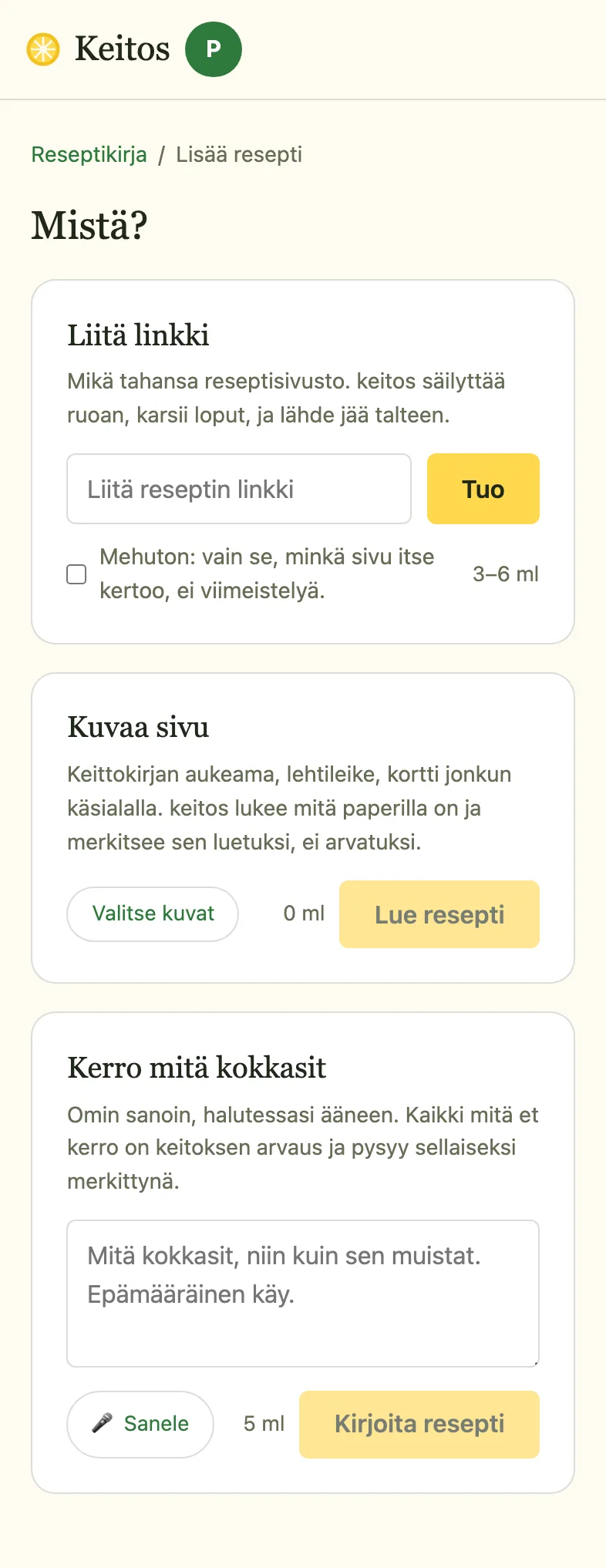 Lisää resepti -näkymä: liitä linkki, kuvaa sivu, kerro mitä kokkasit