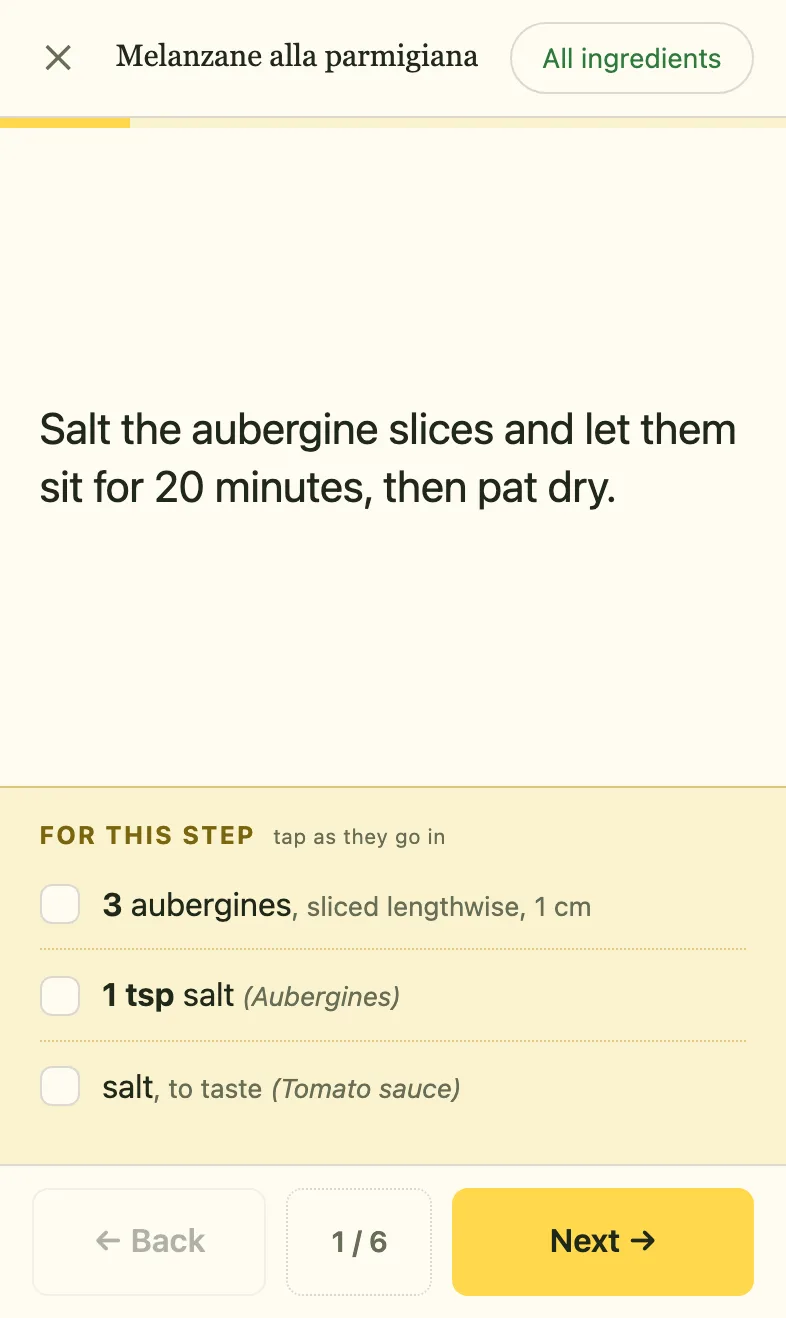 Cooking mode: one step in large text and the step's ingredients to tick off