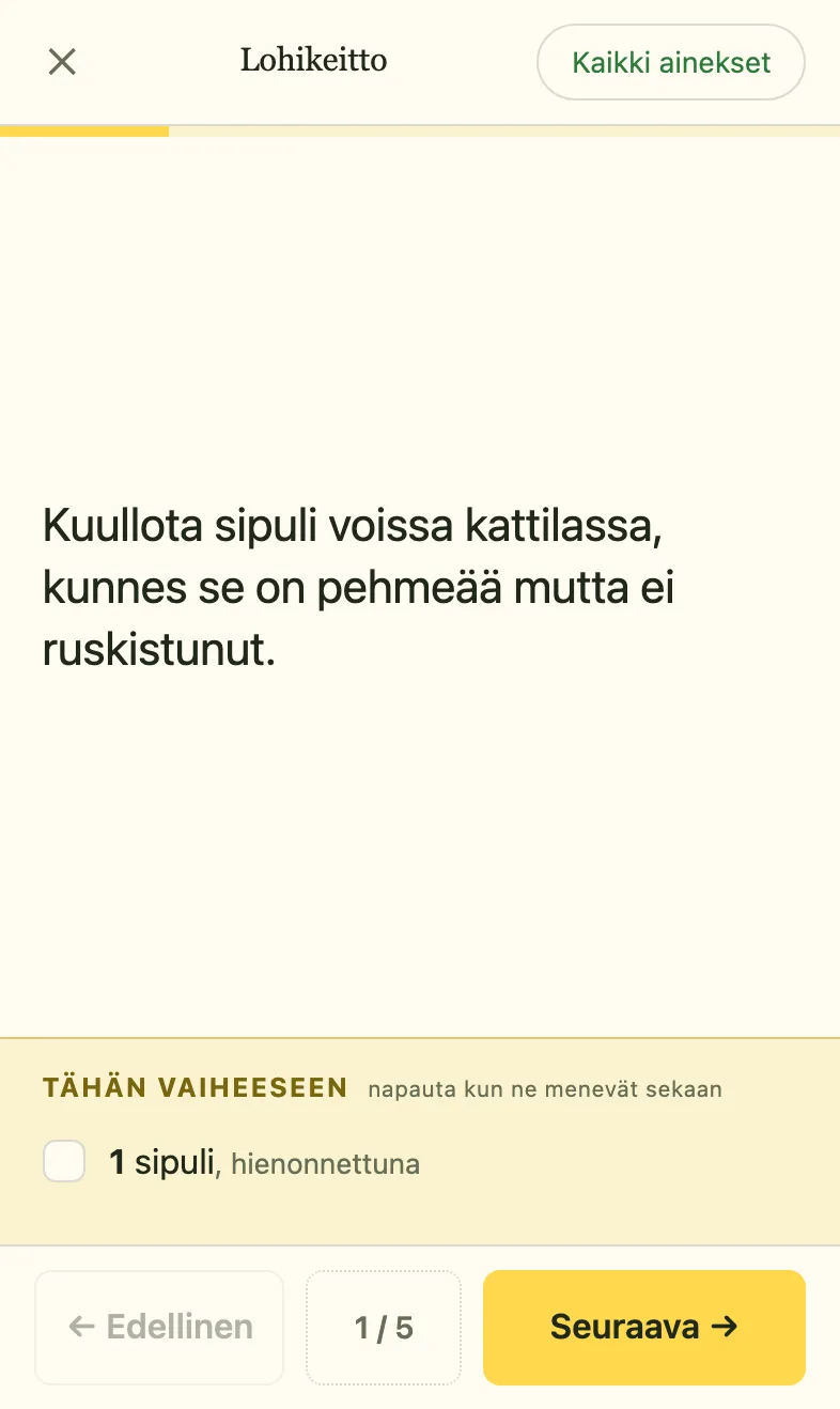 Kokkaustila: yksi vaihe suurella tekstillä ja vaiheen ainekset rastitettavina