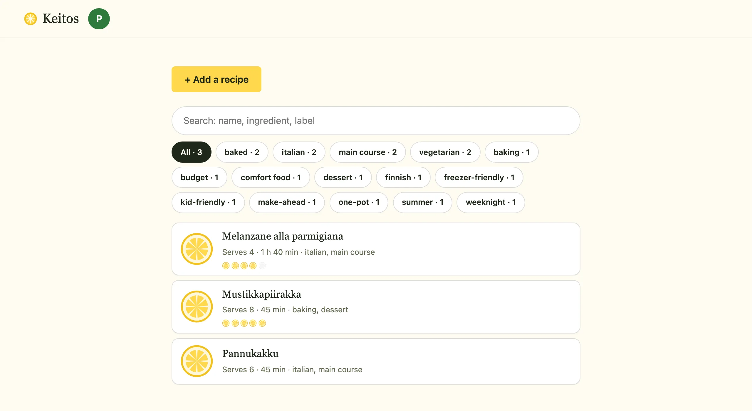 The recipe book: search, tags with counts, and recipes with their lemons