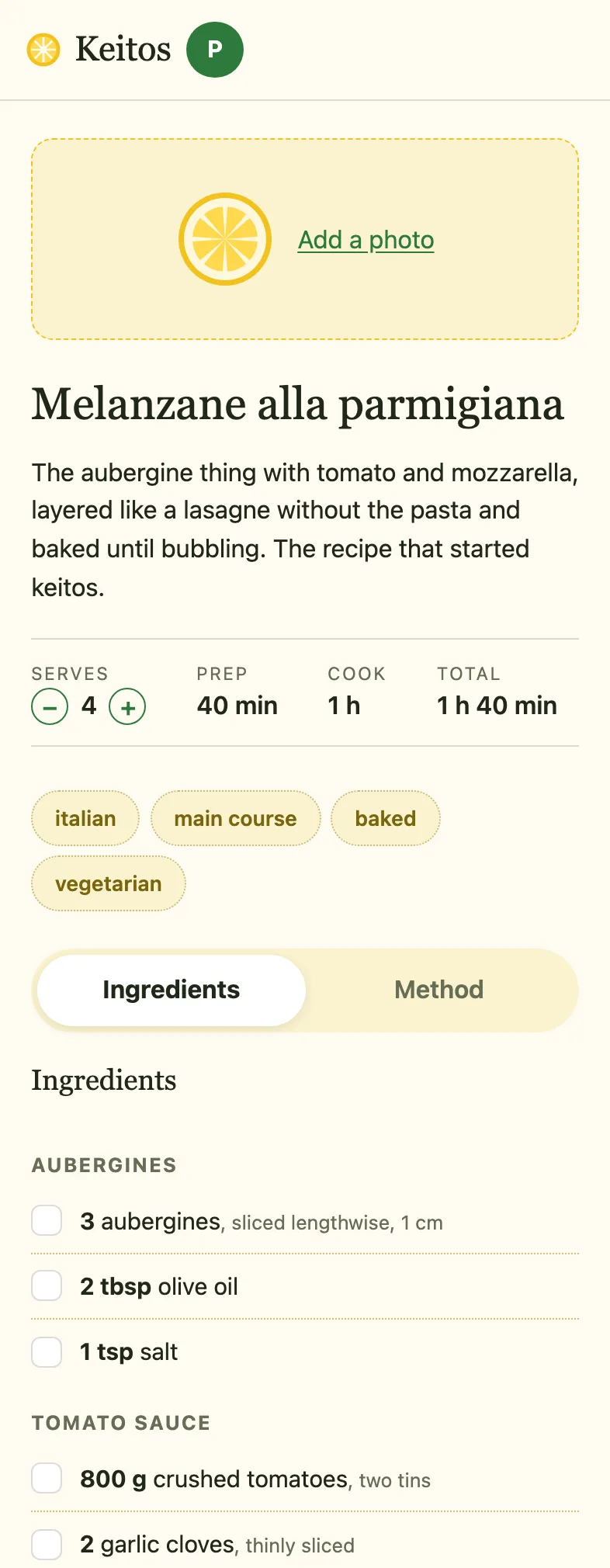 A recipe page in keitos: melanzane alla parmigiana, servings, times, tags and ingredients to tick off
